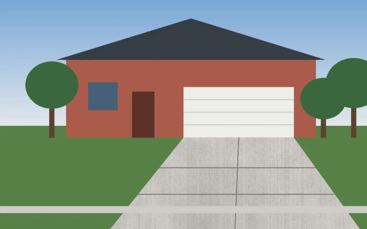 Illustration of a new broom-finish concrete driveway with control joints leading to a two-car garage