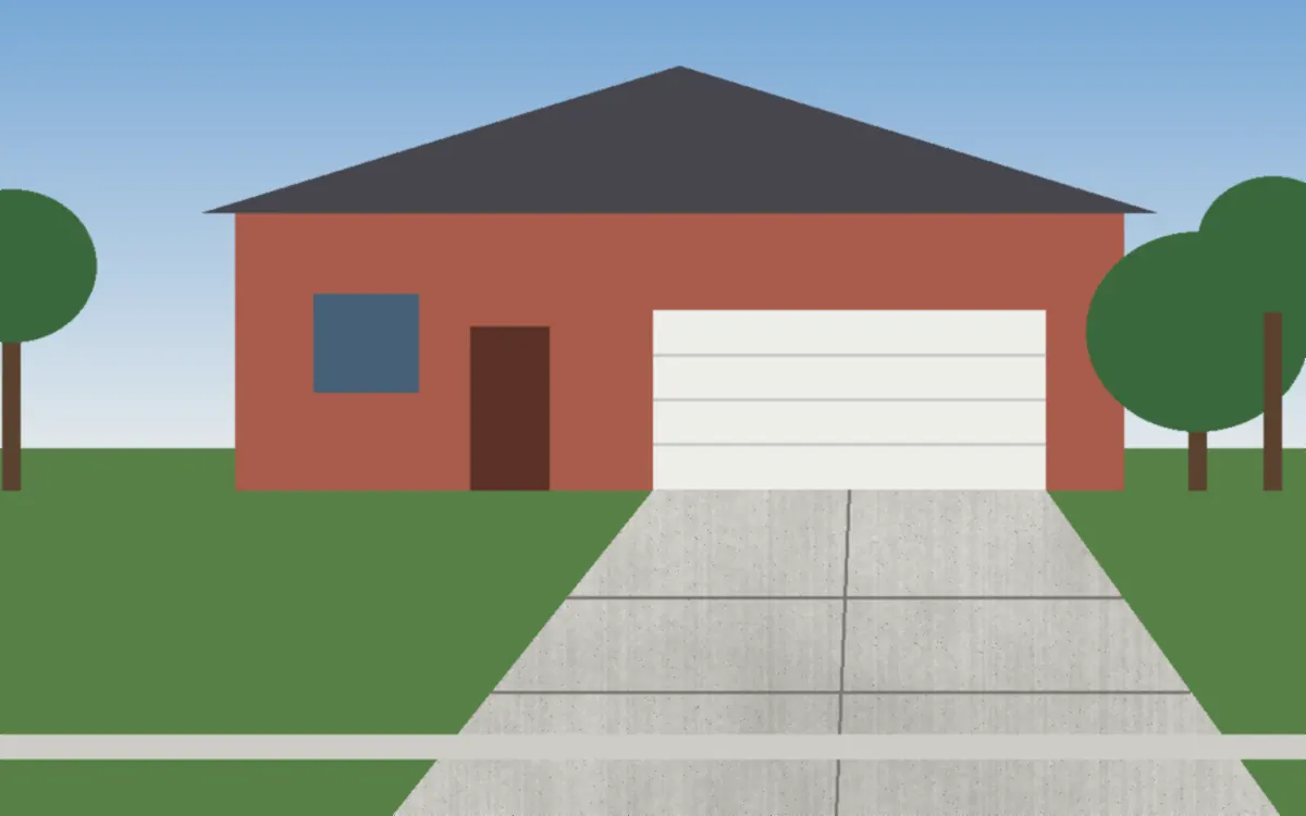 Illustration of a new broom-finish concrete driveway with control joints leading to a two-car garage