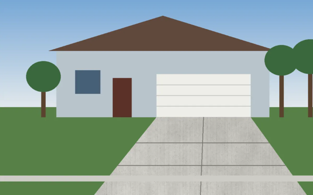 Illustration of a new broom-finish concrete driveway with control joints leading to a two-car garage