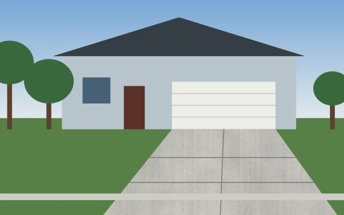 Illustration of a new broom-finish concrete driveway with control joints leading to a two-car garage
