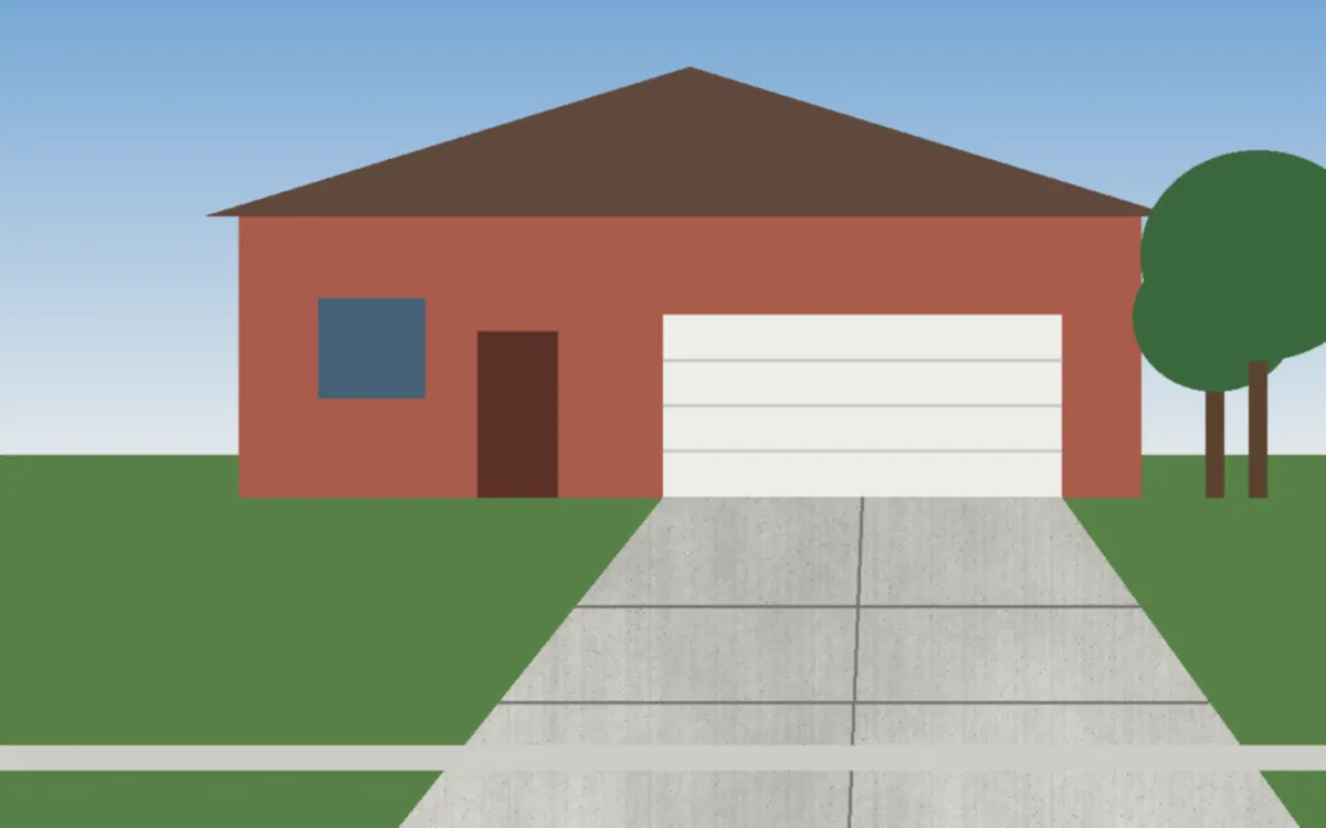Illustration of a new broom-finish concrete driveway with control joints leading to a two-car garage